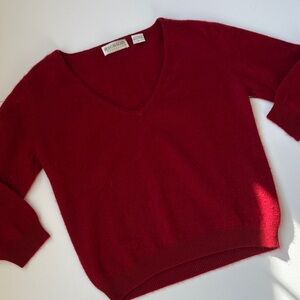 Hugo Buscati 100% Cashmere Deep Red V-Neck Sweater 3/4 Sleeve VTG